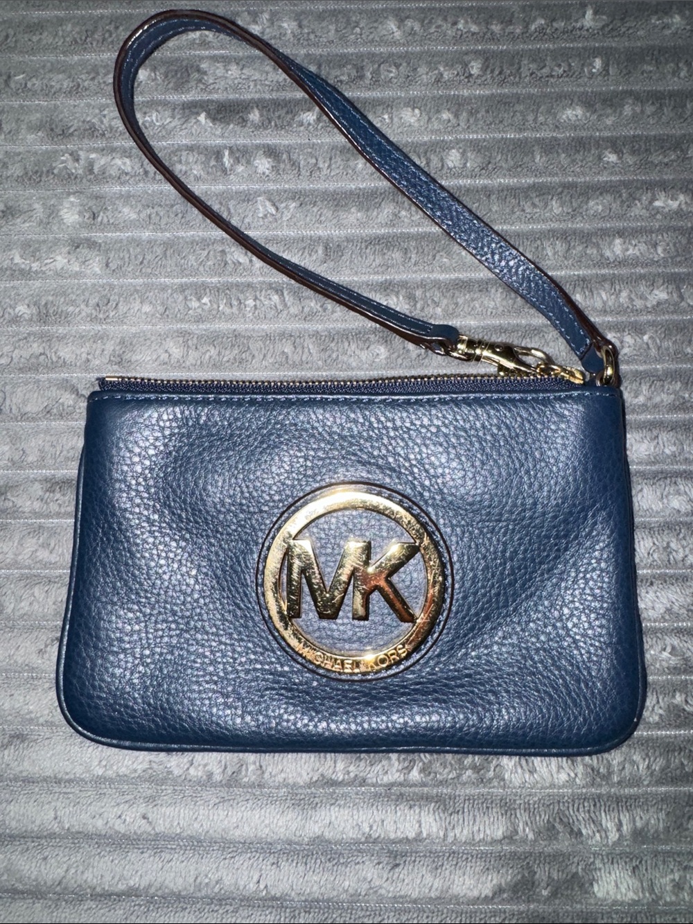 Michael Kors Navy Pebbled Leather Wristlet with Gold MK Emblem